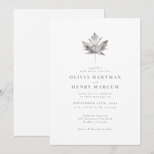 Elegant Herfst Silver Maple Leaf Wedding Kaart (Voorkant / Achterkant)