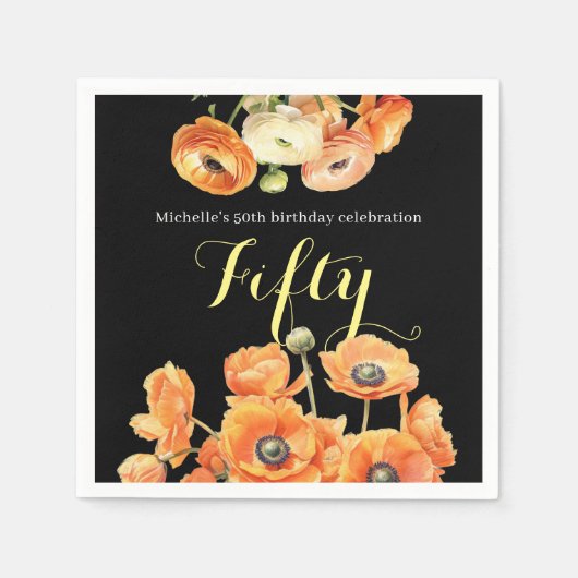 Elegant Herfst Sinaasappel Bloemen 50ste Verjaarda Servet (Voorkant)