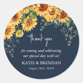 Elegant Herfst Sunflower & Navy Wedding Hartelijk Ronde Sticker