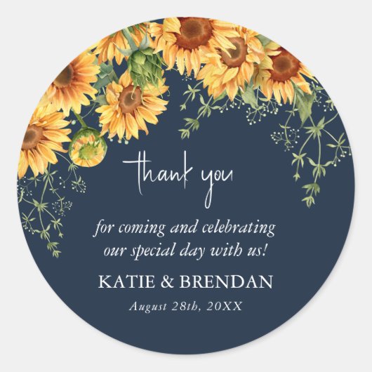 Elegant Herfst Sunflower & Navy Wedding Hartelijk  Ronde Sticker (Voorkant)