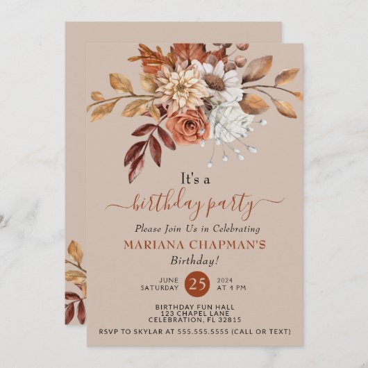 Elegant Herfst Waterverf Floral over Taupe Party Kaart (Voorkant / Achterkant)