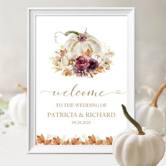 Elegant Herfst Witte Pompoen Trouw Welkom Bord Poster