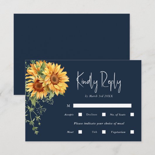 Elegant Herfst Zonnebloemen en marineverbinding RSVP Kaartje (Voorkant / Achterkant)