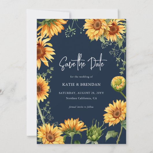 Elegant Herfst Zonnebloemen en marineverbinding Save The Date (Voorkant)