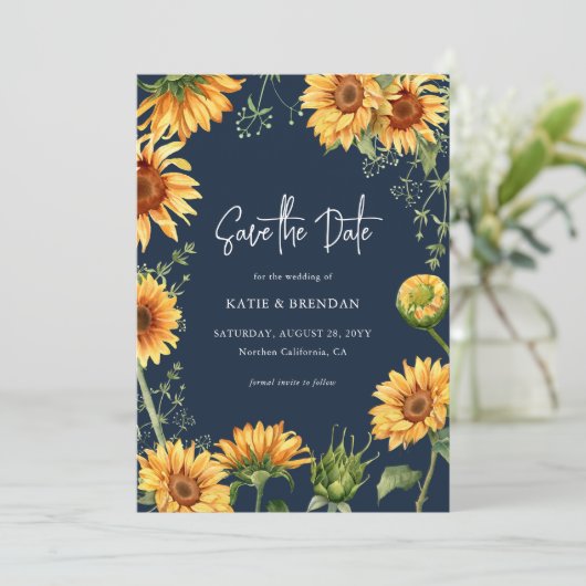 Elegant Herfst Zonnebloemen en marineverbinding Save The Date (Staand voorkant)