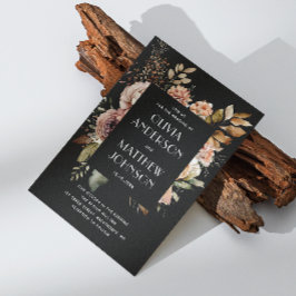 Elegant herfst zwarte florale bruiloft QR-code det Kaart