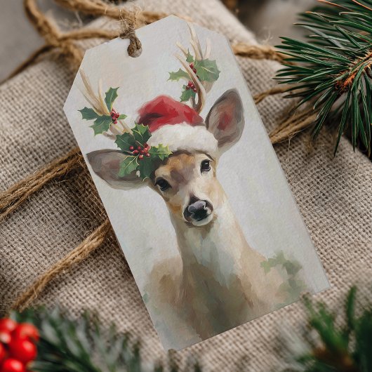 Elegant hert met kerstmuts Kerstmis Cadeaulabel