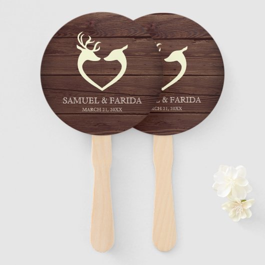 Elegant Herten Hart Rustiek Hout Bruiloft Handwaaier (Voorkant en achterkant)