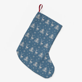 Elegant hertenpatroon blauw kleine kerstsok