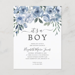 Elegant Het is een Boy Dusty Blue Floral Baby show Briefkaart