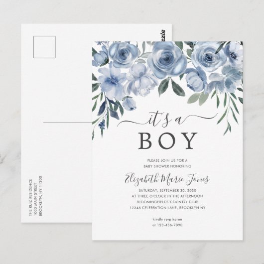 Elegant Het is een Boy Dusty Blue Floral Baby show Briefkaart (Voorkant / Achterkant)