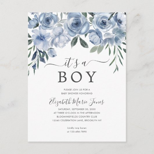 Elegant Het is een Boy Dusty Blue Floral Baby show Briefkaart (Voorkant)