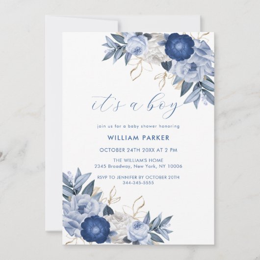 Elegant het is een jongensblauw wit bloemig Baby s Kaart (Voorkant)