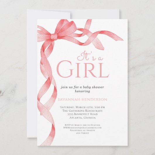 Elegant Het is een Meisje Roze Bow Baby shower Kaart (Voorkant)