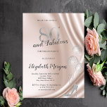 Elegant High Heels, ballonnen 80th Birthday Party Kaart<br><div class="desc">Elegant zilveren glitter hoge hakken,  en ballonnen op een gouden achtergrond van het roos.</div>