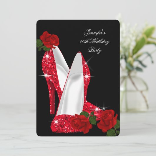 Elegant High Heels Red Rose Black Birthday Party Kaart (Staand voorkant)