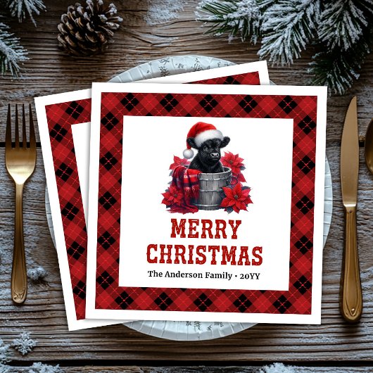 Elegant highland cow red black plaid Xmas napkins Servet