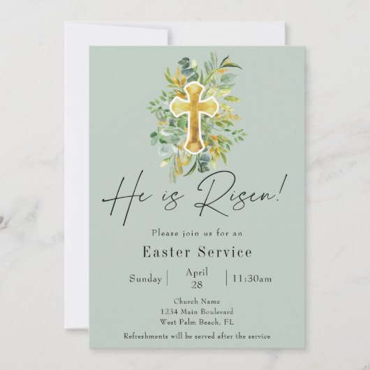 Elegant Hij is verrezen Groene Kerk Paasdienst Kaart (Voorkant)