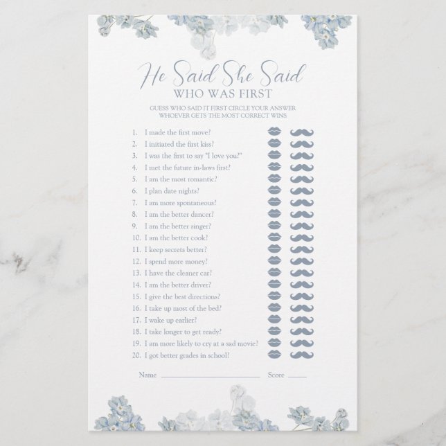 Elegant Hij zei dat ze Dusty Blue Shower spel zei (Voorkant)