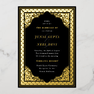 Elegant Hindu Ornament Lijst Indiaas bruiloft Blac Folie Uitnodiging