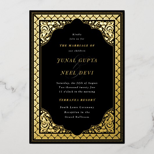 Elegant Hindu Ornament Lijst Indiaas bruiloft Blac Folie Uitnodiging (Voorkant)