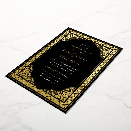 Elegant Hindu Ornament Lijst Indiaas bruiloft Blac Folie Uitnodiging (Gedraaid)