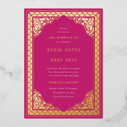 Elegant Hindu Ornament Lijst Indiaas huwelijk Folie Uitnodiging (Voorkant)