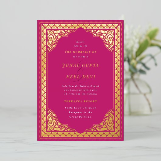Elegant Hindu Ornament Lijst Indiaas huwelijk Folie Uitnodiging (Staand Voorkant)