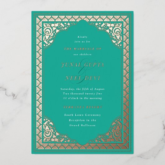 Elegant Hindu Ornament Lijst Indiaas huwelijk Folie Uitnodiging (Voorkant)