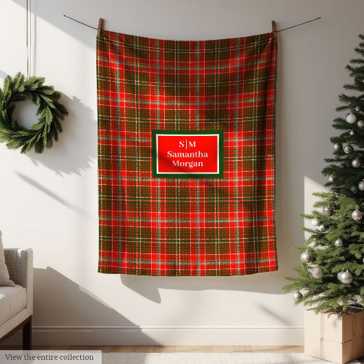 Elegant Holiday Blanket Red Green Monogram Touch Fleece Deken