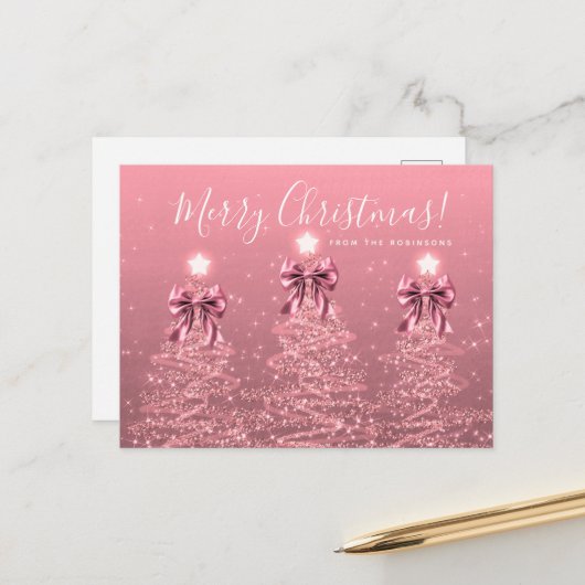 Elegant Holiday Blush Pink Christmas Trees Bows Briefkaart (Voorkant / Achterkant in situ)