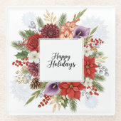Elegant Holiday Floral Wreath Happy Holidays Glazen Onderzetter (Voorkant)