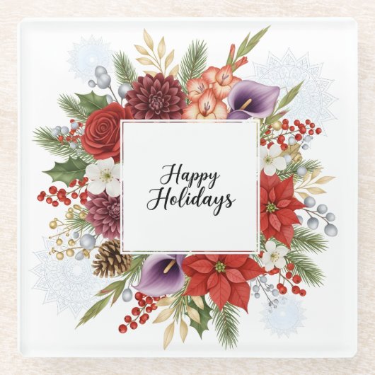 Elegant Holiday Floral Wreath Happy Holidays Glazen Onderzetter (Voorkant)