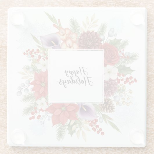 Elegant Holiday Floral Wreath Happy Holidays Glazen Onderzetter (Achterkant)