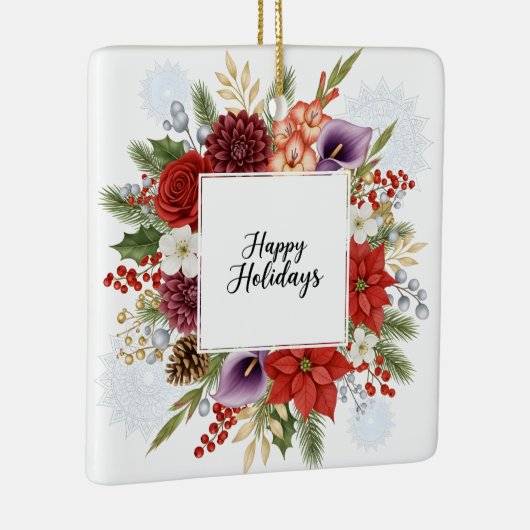 Elegant Holiday Floral Wreath Happy Holidays Keramisch Ornament (Rechts)