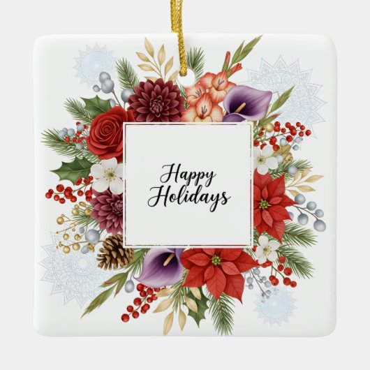 Elegant Holiday Floral Wreath Happy Holidays Keramisch Ornament (Voorkant)