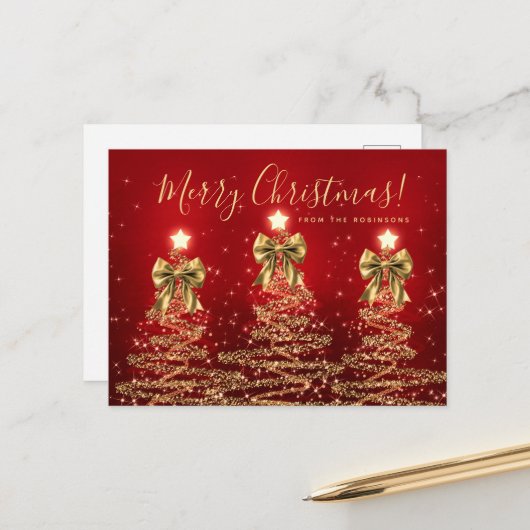 Elegant Holiday Gold Red Christmas Trees w/ Bows Briefkaart (Voorkant / Achterkant in situ)