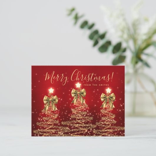 Elegant Holiday Gold Red Christmas Trees w/ Bows Briefkaart (Staand voorkant)