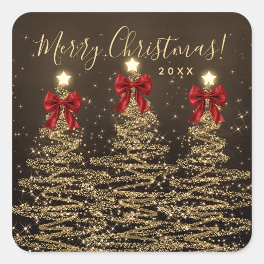 Elegant Holiday Gold Red Christmas Trees w/ Bows Vierkante Sticker (Voorkant)