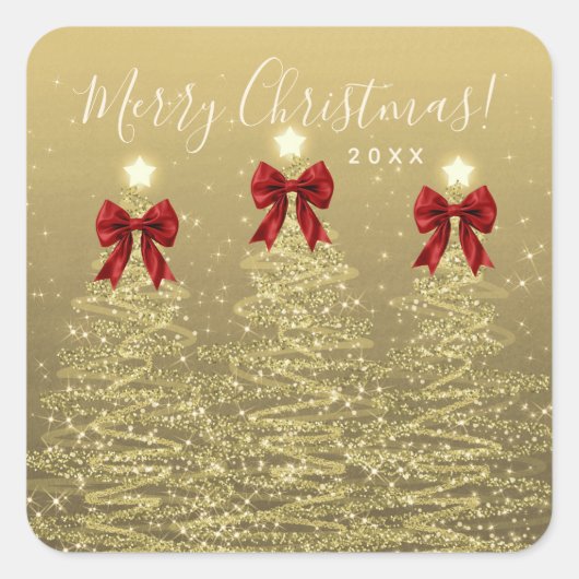 Elegant Holiday Gold Red Christmas Trees w/ Bows Vierkante Sticker (Voorkant)
