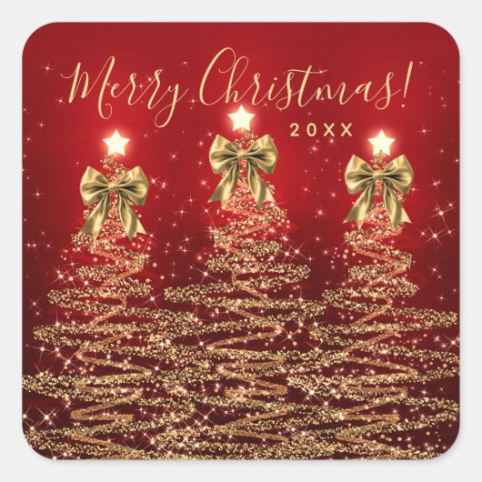 Elegant Holiday Gold Red Christmas Trees w/ Bows Vierkante Sticker (Voorkant)