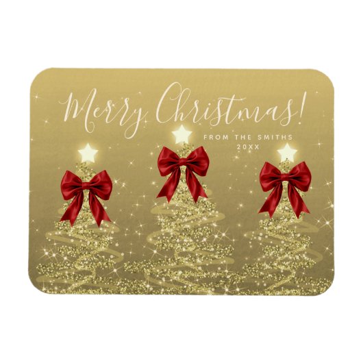 Elegant Holiday Gold Red Christmas Trees + Year Magneet (Horizontaal)