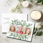 Elegant Holiday Greenery Family 3 Foto Modern Briefkaart<br><div class="desc">Dit elegante botanische kerstbriefkaart is voorzien van een  drie fotosjabloon voor uw gezin of kinderen. Pas het lijst van de chic greenery met uw eigen 3 vierkante afbeeldingen in het centrum aan. Pas uw eigen groene tekst aan voor een mooi,  modern vakantiebriefkaart.</div>