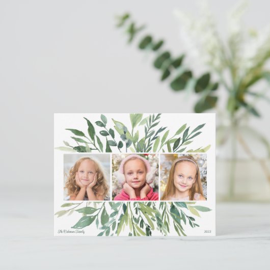Elegant Holiday Greenery Family 3 Foto Modern Briefkaart (Staand voorkant)