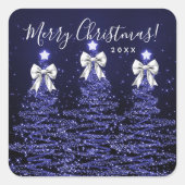 Elegant Holiday Navy Christmas Trees Bows Silver Vierkante Sticker (Voorkant)