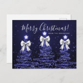 Elegant Holiday Navy Christmas Trees Silver Bows Briefkaart (Voorkant / Achterkant)