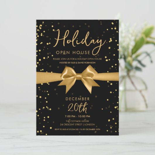 Elegant Holiday Open House Gold Bow Black Kaart (Staand voorkant)