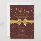 Elegant Holiday Open House Gold Bow Burgundy  Kaart (Voorkant)