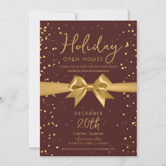 Elegant Holiday Open House Gold Bow Burgundy  Kaart (Voorkant)