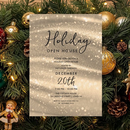 Elegant Holiday Open House Gold Sparkle Glam Kaart